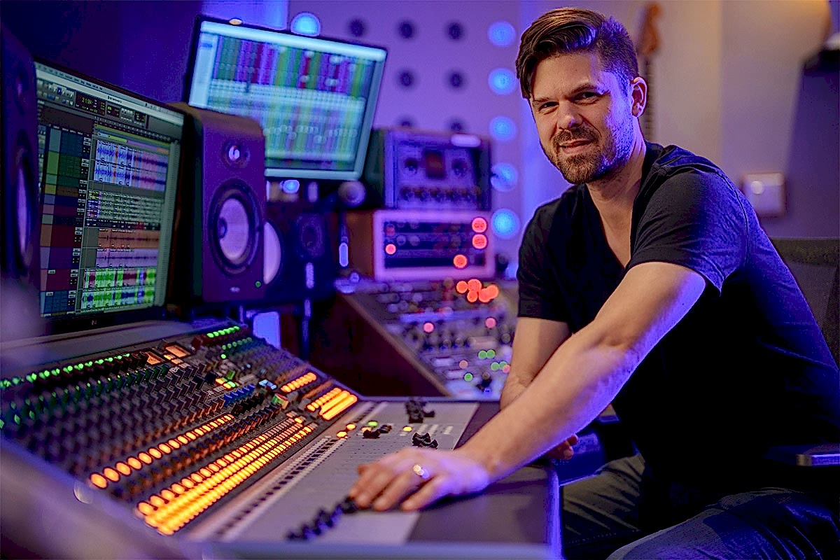 Engineer Kaj Falch-Nielsen in Control Room A at Vancouver recording studio, Blue Light Studio.