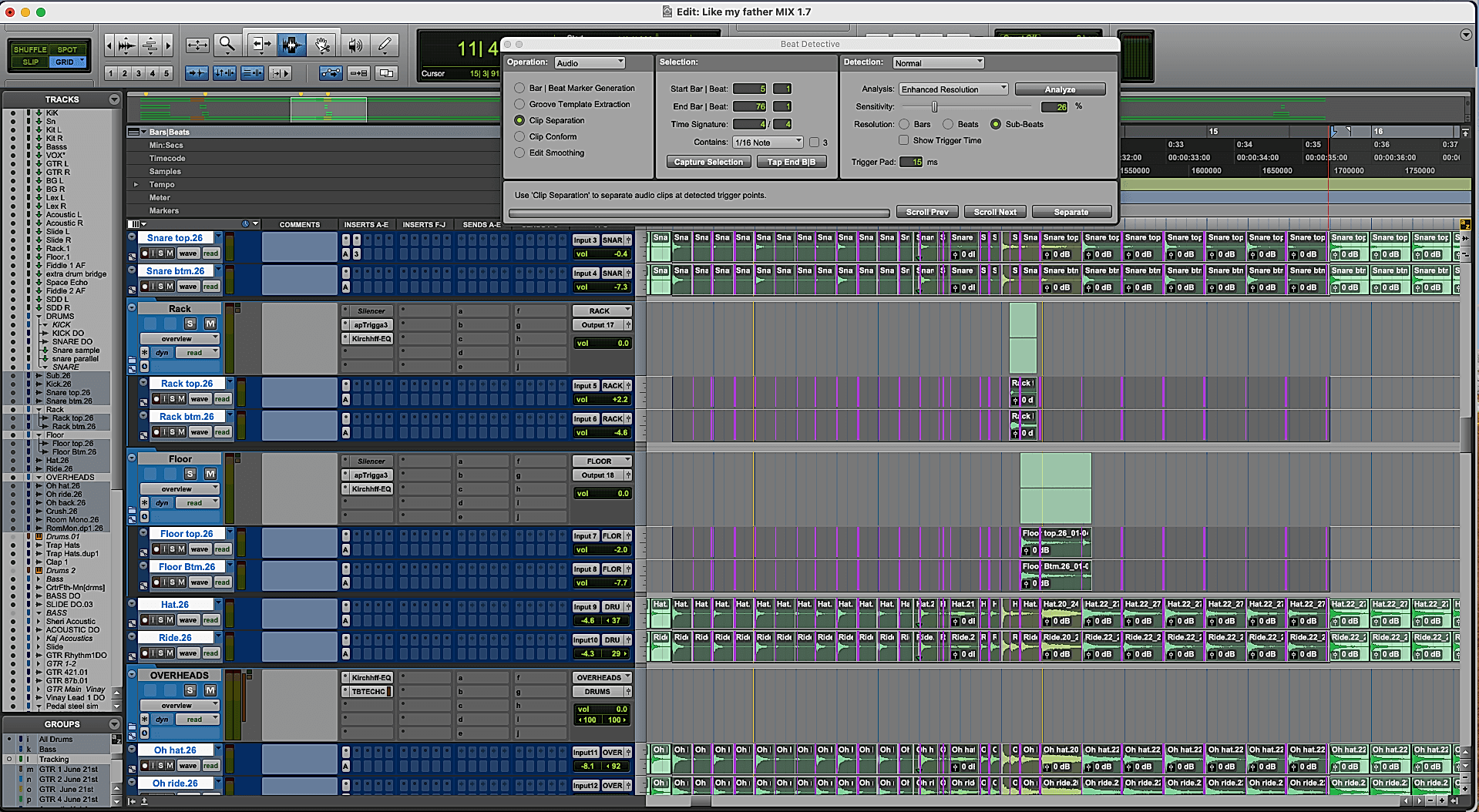 Drum editing in Pro tools using Beat Detective.